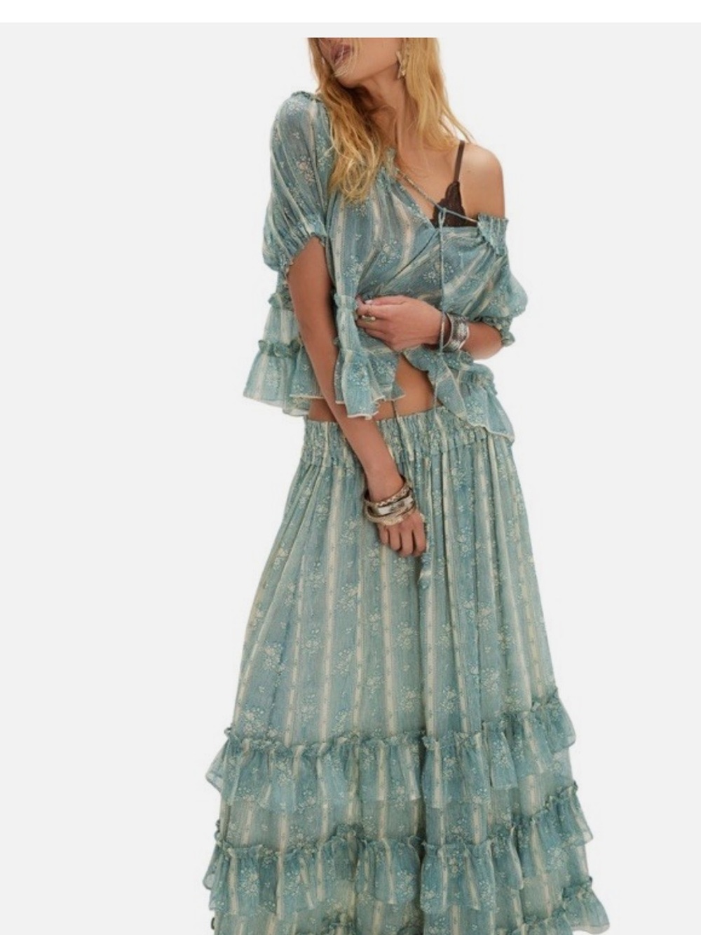 Free People Dusty Teal Tiered Maxi Skirt